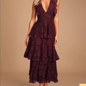 Lulu’s Molinetto Burgundy Lace Ruffled Tiered Sleeveless Maxi Dress